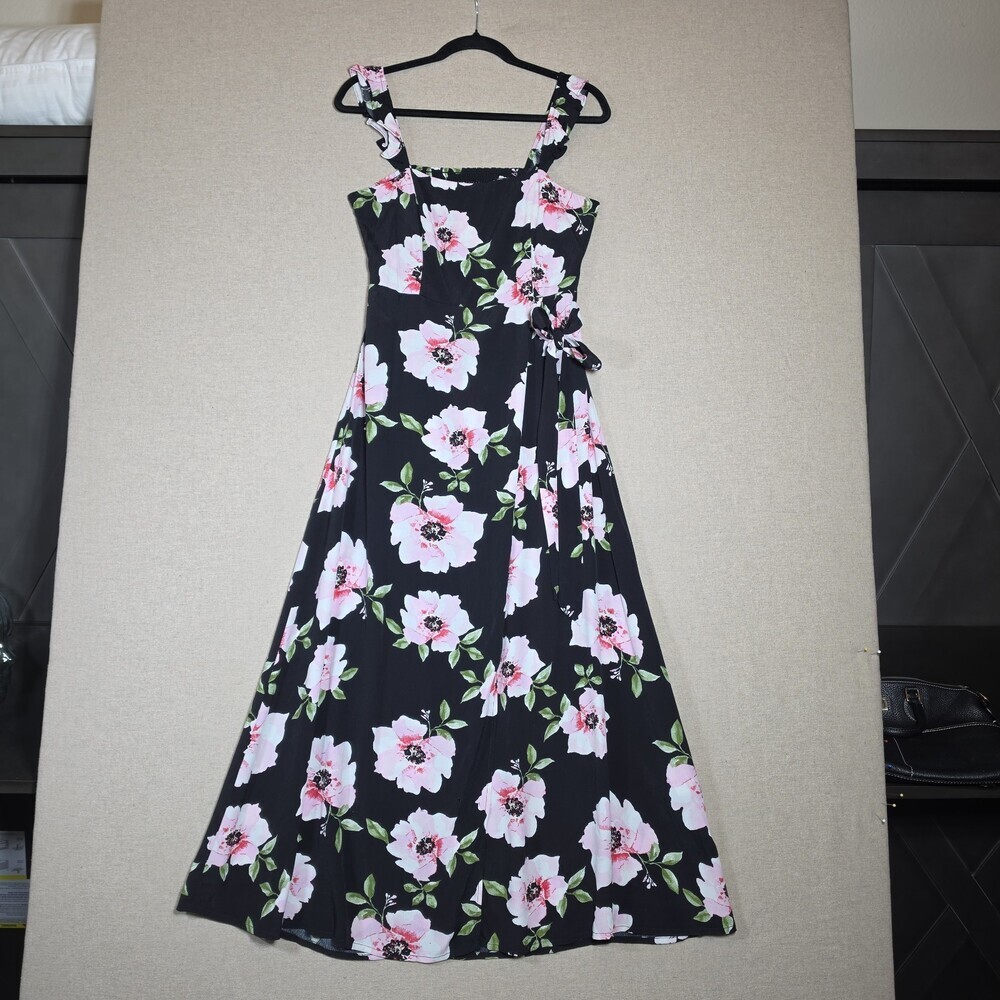 FOREVER 21 Faux Wrap Romantic Dress Maxi Ruffle Sleeve Floral Womens L